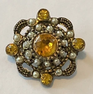 VTG Brass Orange Rhinestone And Faux Pearl Brooch Pin 1.5” - Picture 1 of 3