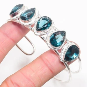 London Blue Topaz Gemstone Handmade 925 Sterling silver Adjustable Cuff Bracelet - Picture 1 of 1