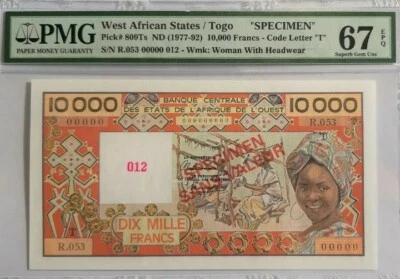1977 -92 West African States/TOGO 10000 Francs "SPECIMEN" PMG67 EPQ <P-809Ts> - Image 1 of 2