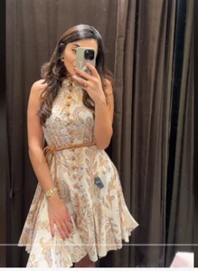 New Zara Woman Printed Dress With Belt Light Cottage core Beige High Collar M - Picture 1 of 10