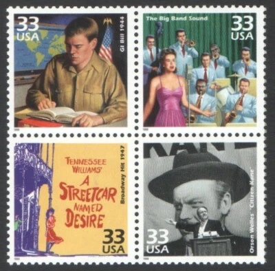 4 Unused US Postage 33 Cent Stamps 1940s Celebrate the Century GI Bill CitizenKa - Image 1 of 2