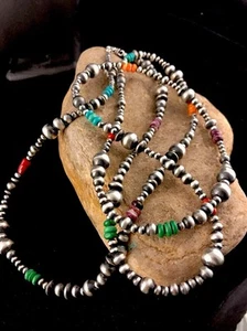 Native Turquoise & Coral Bead Navajo Pearls Sterling Silver 51" Necklace - Picture 1 of 12