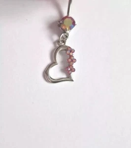 Belly Button Piercing Heart With Pink Flower Stones  - Picture 1 of 8