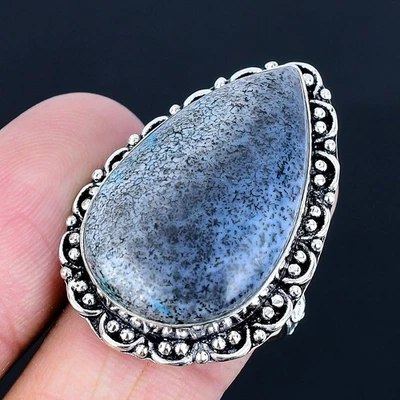 Кольцо ручной работы с дендритовым опалом покрытие серебро 925 размер США 9 - Изображение 1 из 3