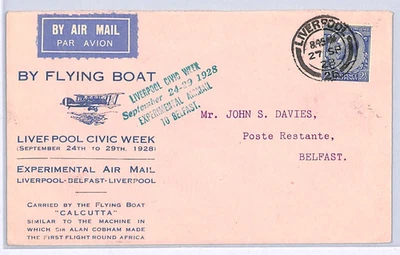 GB ILLUSTRATED Air Mail Cover 1928 *FLYING BOAT* Liverpool-Belfast Flight WY141 - Image 1 of 4