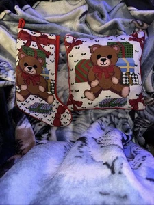 Vintage Christmas Needlepoint Stocking And Pillow Bear Wool Cotton - Picture 1 of 11