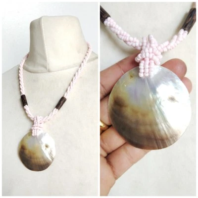 Twisted light Pink Seed Bead, Brown​ Seashell Pendant & Wooden Bead Necklace - Image 1 of 4