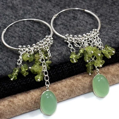 Stunning Green Chalcedony Natural Peridot Beaded Earrings Gemstone 3" AU L486 - Image 1 of 3