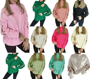 Grobstrickpullover Pullover Oberteil Damen lang geflochtene Ärmel hochgeschlossen Zopfmuster - Bild 1 von 10