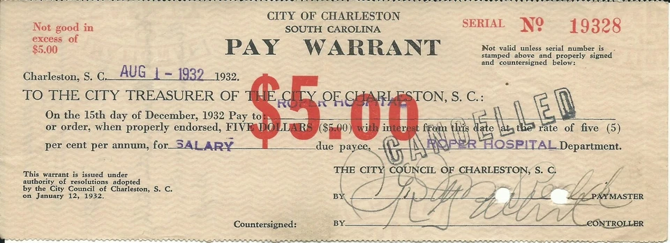 Pay Warrant Salary Charleston Roper Hospital South Carolina 1932 - Image 1 of 1