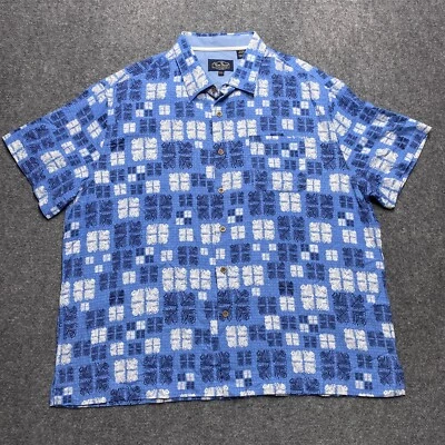 Nat Nast 衬衫男式 XXL 2XL 蓝色白色几何丝绸纽扣夏威夷热带 — 第 1/4 张图片