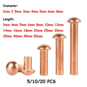 2mm 2.5mm 3mm 4mm 5mm 6mm 8mm Copper Rivets Half Round Head Rivets - Full Rivets - Picture 1 of 6