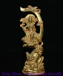 10" Old China Copper Gilt Buddhism Kwan-yin Guan Yin Goddess Moon Sculpture - Picture 1 of 12