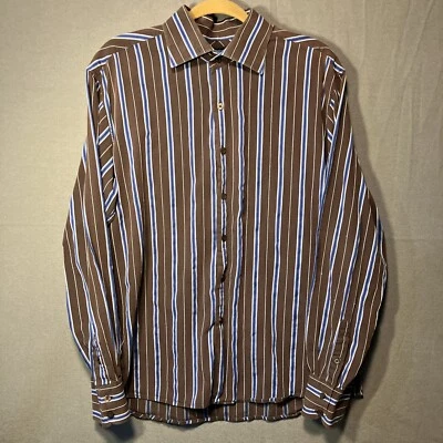 Bruno Shirt Men Large Brown Blue White Stripe Button Up Cotton Long Sleeve - Image 1 of 4