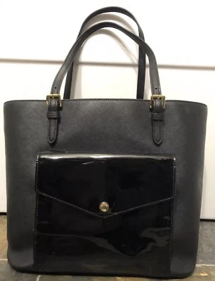 NWT Michael Kors Purse Saffiano Pateat Leather Jet Set LG Pocket Tote In Black  - Image 1 of 4