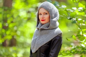 SuperTanya hooded wool hat scarf neck warmer gray knight scarf READY TO SHIP - Picture 1 of 6