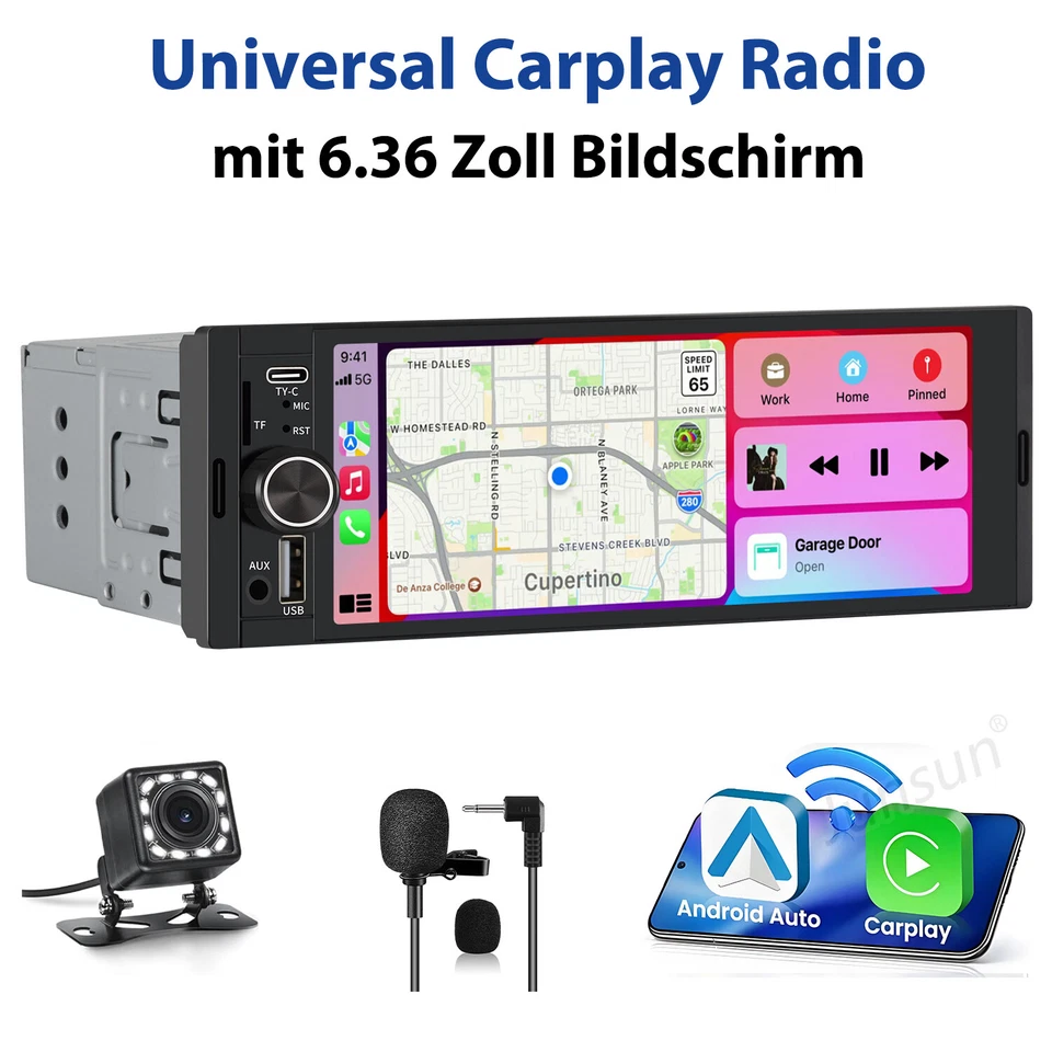 6.36" Apple Carplay Autoradio 1 DIN GPS Navi Android Auto KAM USB Mit Bildschirm - Bild 1 von 4