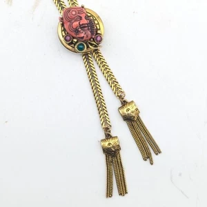 Collana Vintage Tono Oro Giapponese Noh Maschera Bolo Lariat Gioiellata Lucite Rara Okina - Foto 1 di 7