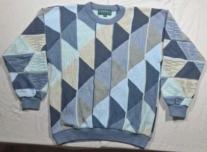 Tundra Vintage 90s Coogi Style Textured Sweater Blue Gray Tan Geometric Medium  - Picture 1 of 10