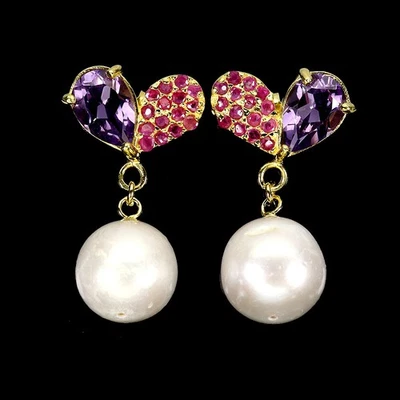 925 Sterling Silver Earrings Pear Amethyst 10x7mm Ruby Pearl Gemstone Jewelry - Image 1 of 4