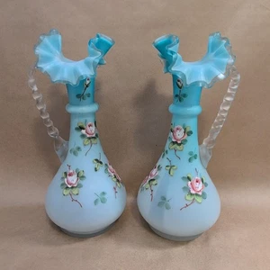 Antique pair Victorian Glass Jugs Handblown Blue Satin Pitcher Vases Enamel - Picture 1 of 13