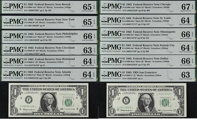 1963 $1 Federal Reserve Note PMG 67EPQ Graded Star District Set Complete 12 Note - Image 1 of 4