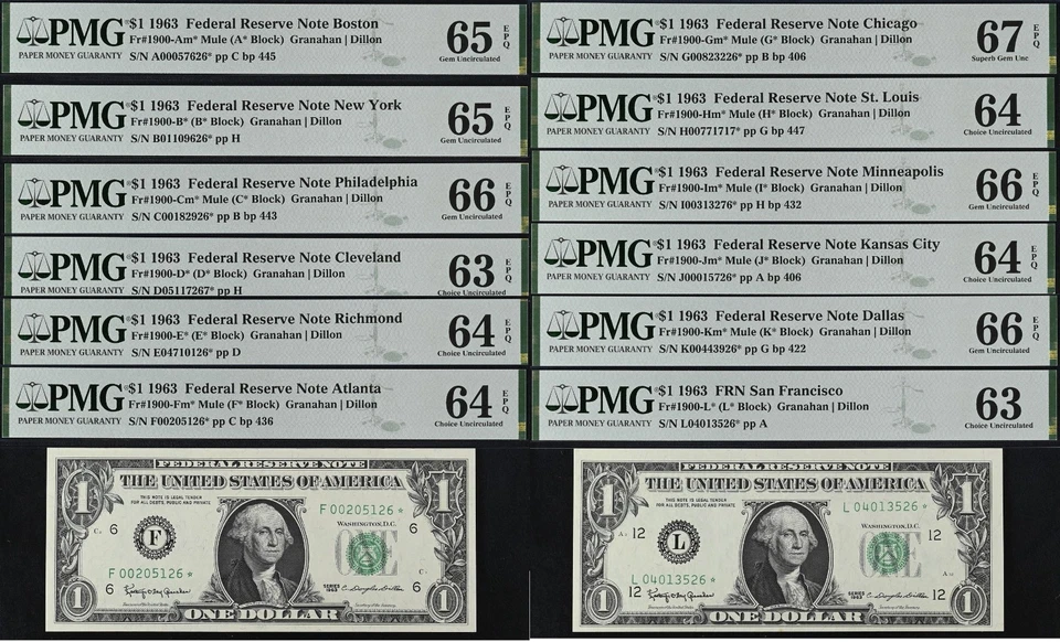 1963 $1 Federal Reserve Note PMG 67EPQ Graded Star District Set Complete 12 Note - Image 1 of 4