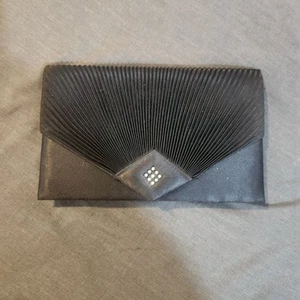 Vintage Black Pleated Evening Clutch With Rhinestone Accent & Snap Closure - Picture 1 of 8