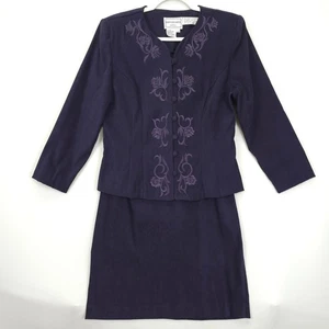 Karin Stevens Petites Skirt Suit Set Women 12P Purple Embroidered Jacket VTG - Picture 1 of 14