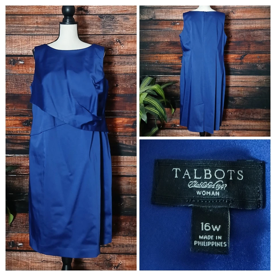 Talbots Woman Dress Plus Size 16 W Satin Sheath Draped Waist Formal Royal Blue - Image 1 of 4