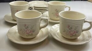 4 Pfaltzgraff Tea Rose Flat Cup & 8 Saucer Sets Stoneware Pink Roses Blue