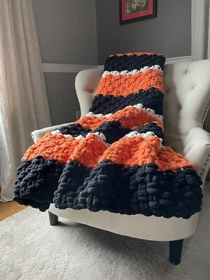 Chunky Knit Blanket - Black Orange and Ivory - Soft Chenille Throw Blanket - Image 1 of 4