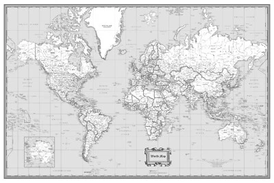 COOL OWL MAPS World Classic Black & White Wall Map Poster - 36"x24" Rolled Laminated