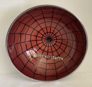 Halloween Treat Bowl Enamel Spider Web Design Orange and Black 10 Inches in Dia. - Picture 1 of 8