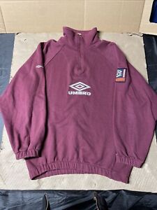 Vintage UMBRO Mens Y2K Soccer 90s Big Logo 1/4 Zip Sweatshirt L Red EUC