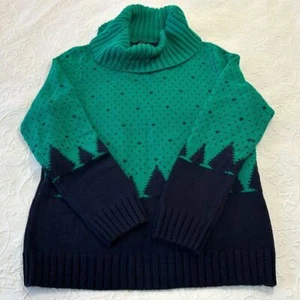 Talbots Lambswool Blend Green & Blue Intarsia Print Women's Cowl Neck Sweater L - Picture 1 of 7