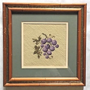 Completed Needlepoint Framed Double Mat Purple Grape Cluster 12” x 12" - Picture 1 of 8