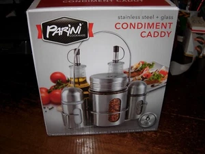 Parini Stainless Steel Glass Condiment Caddy 6 Piece Set Brand New Sealed Oil - Picture 1 of 4