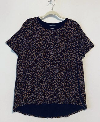 Top Zara para mujer XL estampado de guepardo cuello redondo manga corta dobladillo alto bajo tejido boho Foto 1 de 4