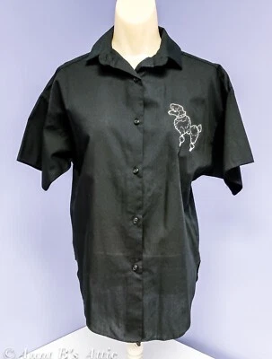 50's Style Poodle Blouse Ladies Black Embroidered Button Front Camp Shirt Md - Image 1 of 4