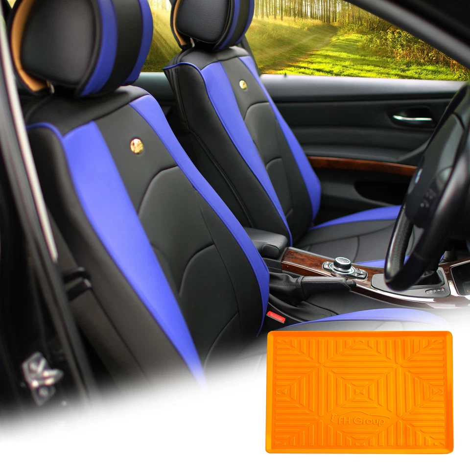 Fundas de cojín de asiento de cuero sintético cubo delantero azul con alfombrilla de tablero naranja para SUV Foto 1 de 4