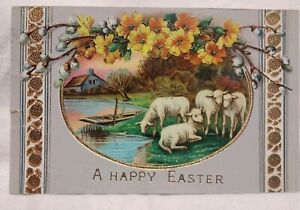 Postcard HAPPY EASTER Embossed Sheep Lambs Still Waters Boat 1914