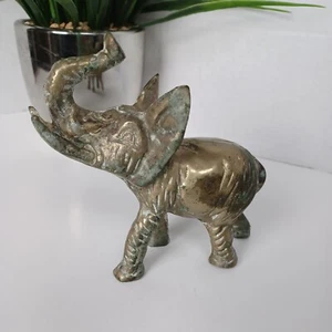 Vintage Solid Brass Elephant Trunk Up Figurine Nice Patina Nice Markings Heavy - Picture 1 of 11