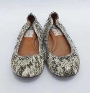$950 LANVIN Ivory Gray Shaded Snakeskin Gunmetal Studded Scrunch Ballet Flats 37 - Picture 1 of 11
