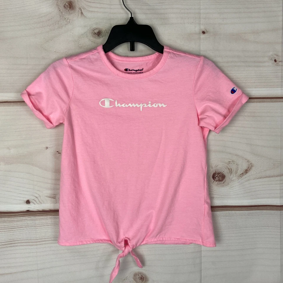 Champion Top Girls 6X Pink T-Shirt Logo Graphic Short Sleeve Tie-Front Crew Neck - Image 1 of 4