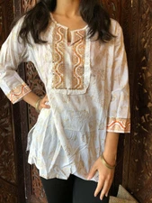 Boho Gypsy Hippy Tunic Blouse White Gold Printed Cotton Summer Ethnic Kurti L 