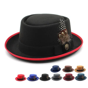 Men Pork Pie Bowler Hat Dad Flat Fedora Gambler Feather Dance Jazz Cap Lady - Picture 1 of 22