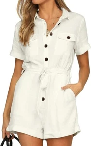 GRAPENT Women's Summer Short Sleeve Button Down Pockets Belted Jumpsuits Rompers - Picture 1 of 8