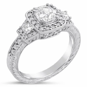 14k Wt Gold Antique Cushion Cut 3 Stone Diamond Ring with Trapezods C33 - Picture 1 of 3