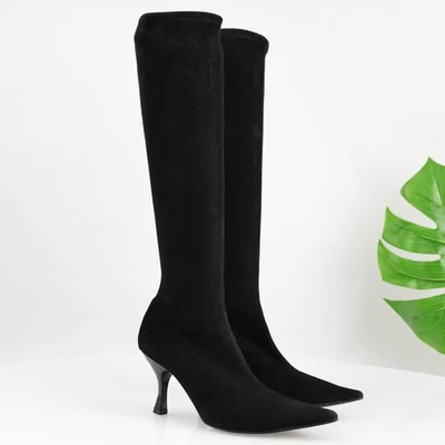 Sergio Rossi Womens Boots Size 37.5 7.5 Tall Black Suede Pointed Toe Kitten Heel - Image 1 of 4